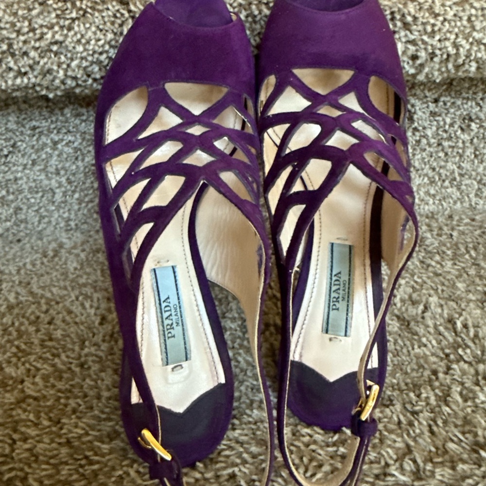 Prada Women’s Purple Suede Lattice Slingback Platform High Heel Sandals - Picture 7 of 12